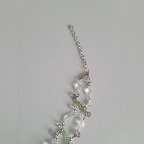 Vintage Sterling Silver Engraved Heart Purple Green Crystal Beaded Necklace - Picture 6 of 9
